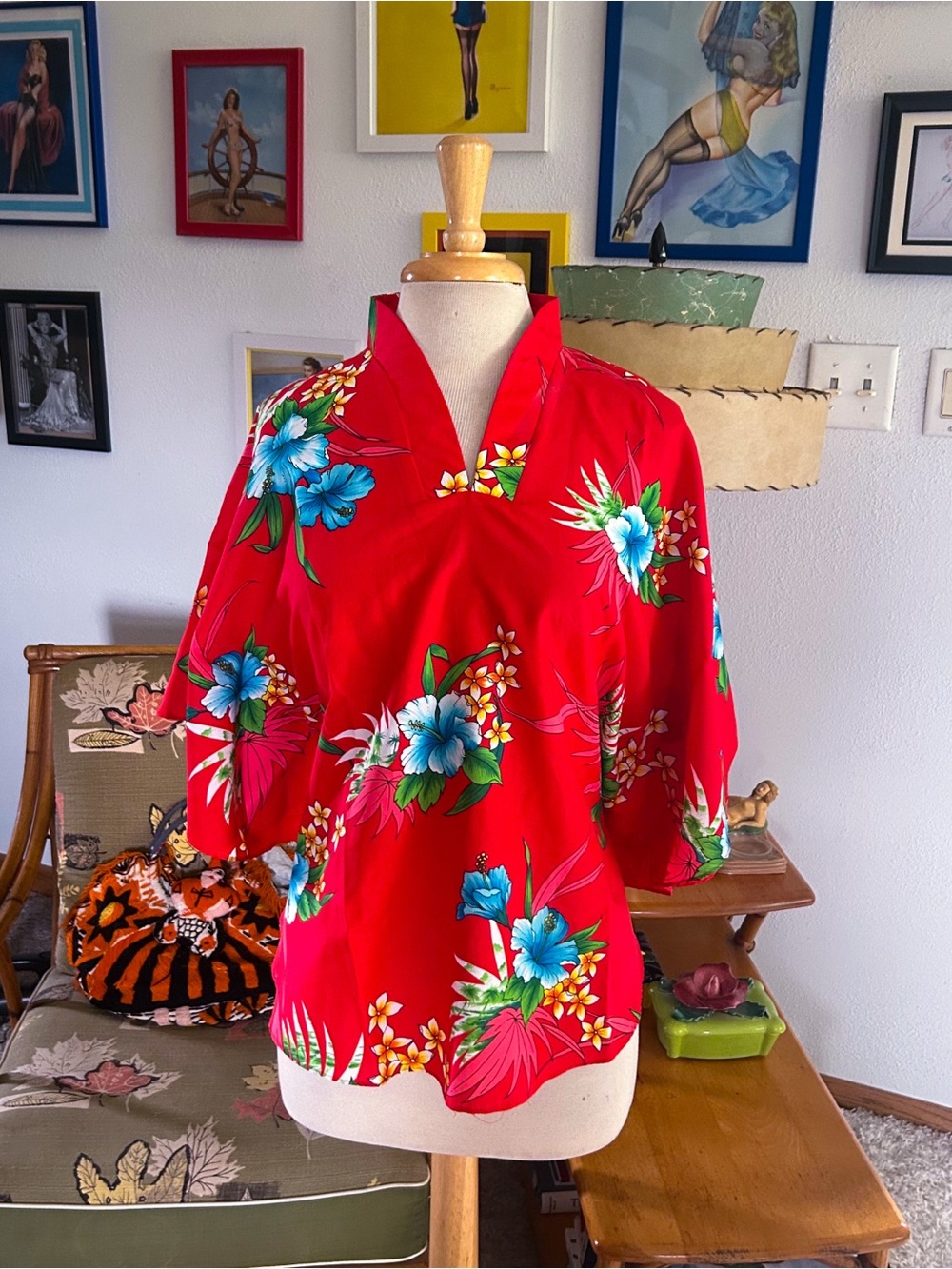 Vintage 1940s Style Blouse | Tropical | Red Multi | L XL | Hilo Hattie | 1980s